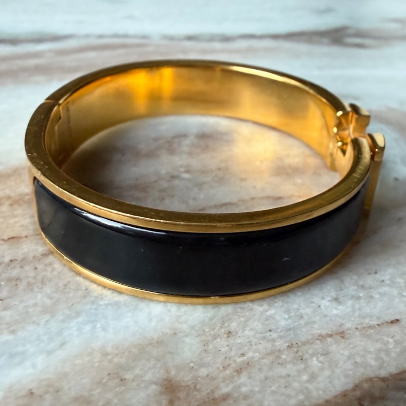 Hermès Narrow Clic Clac H Bracelet in Gold-Tone with Black Enamel