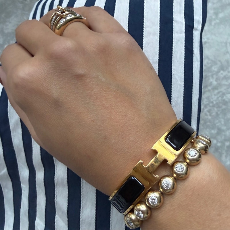 Hermès Narrow Clic Clac H Bracelet in Gold-Tone with Black Enamel