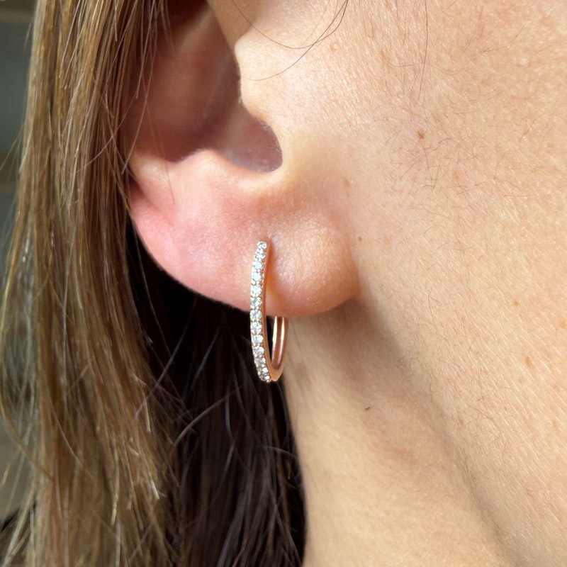 Three Stories 14K Rose Gold Classic Small Oval Pavé Hoop Earrings