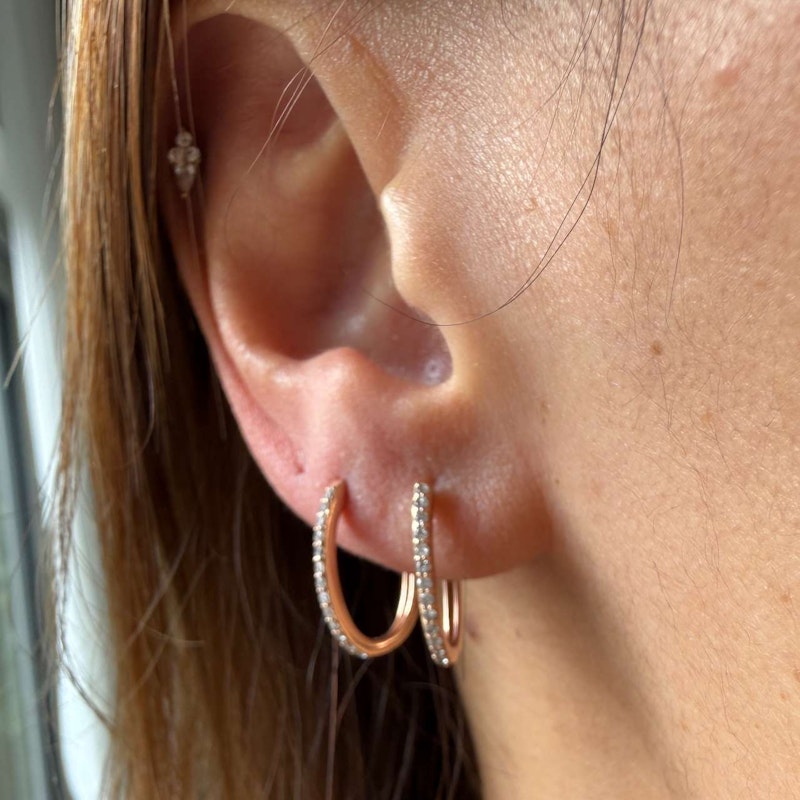 Three Stories 14K Rose Gold Classic Small Oval Pavé Hoop Earrings
