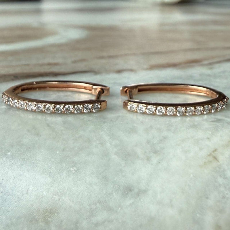 Three Stories 14K Rose Gold Classic Small Oval Pavé Hoop Earrings