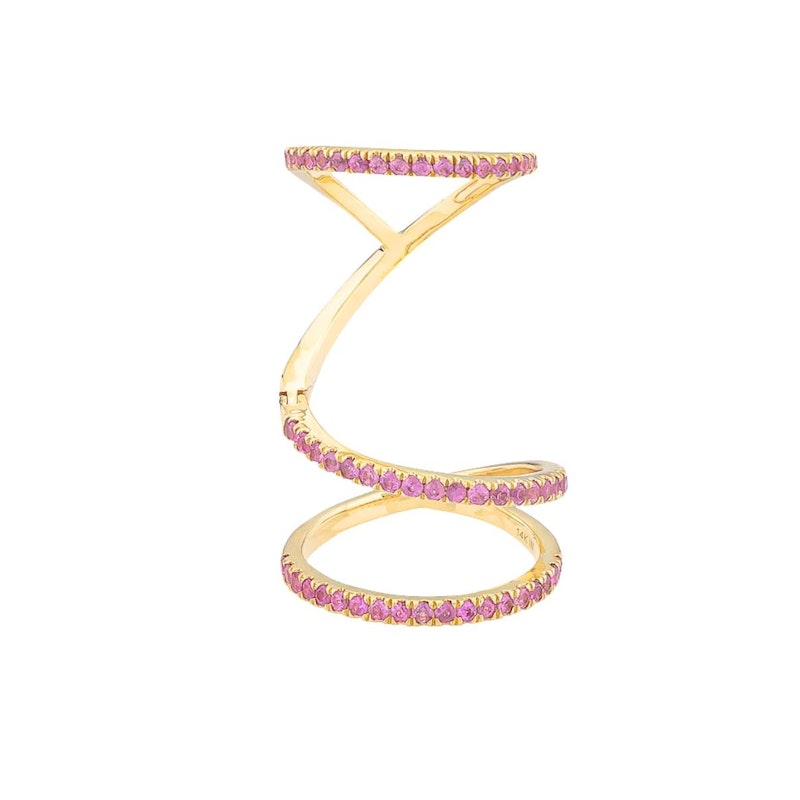 14k Yellow Gold Pink Sapphire Double-Finger Wave Ring