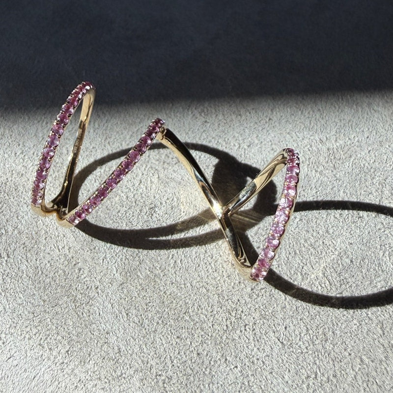 14k Yellow Gold Pink Sapphire Double-Finger Wave Ring