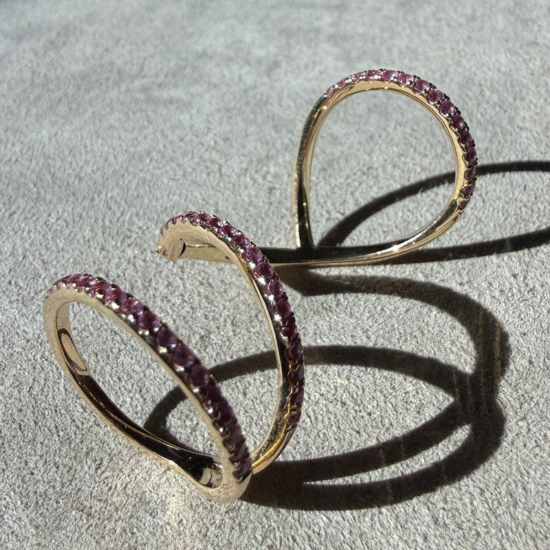 14k Yellow Gold Pink Sapphire Double-Finger Wave Ring
