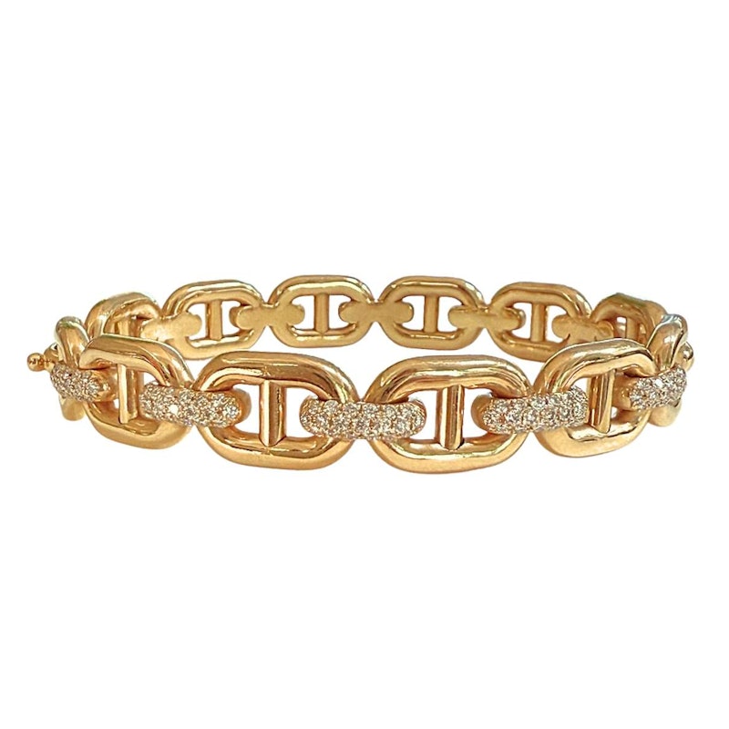 18k Yellow Gold Pavé Diamond Mariner Link Bangle Bracelet