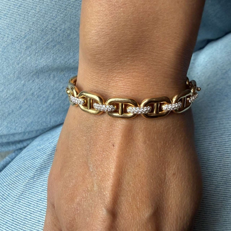 18k Yellow Gold Pavé Diamond Mariner Link Bangle Bracelet