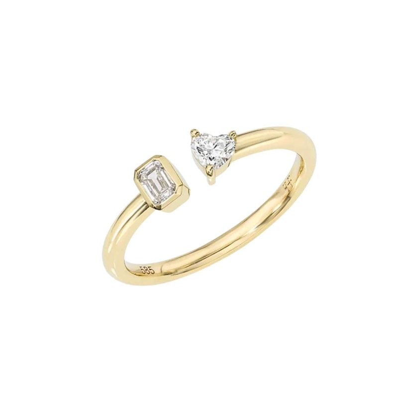 14k Yellow Gold Emerald-Cut & Heart Diamond Toi et Moi Ring