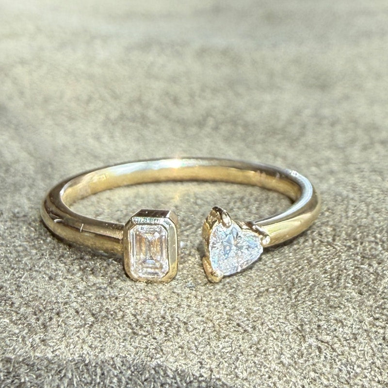 14k Yellow Gold Emerald-Cut & Heart Diamond Toi et Moi Ring