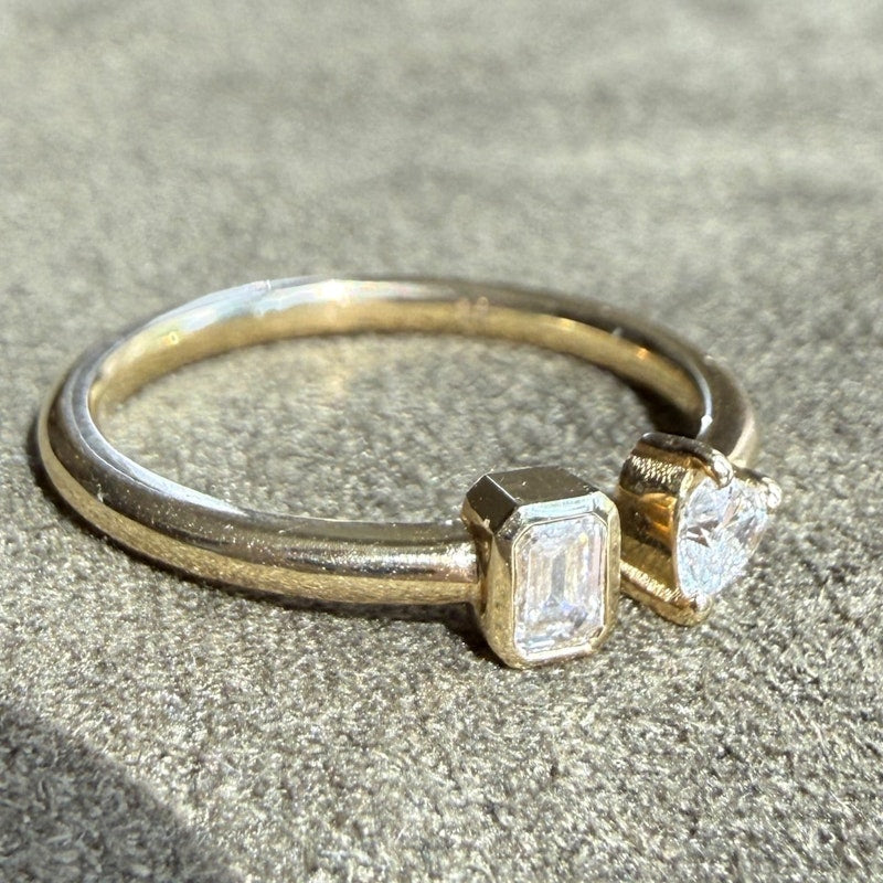 14k Yellow Gold Emerald-Cut & Heart Diamond Toi et Moi Ring