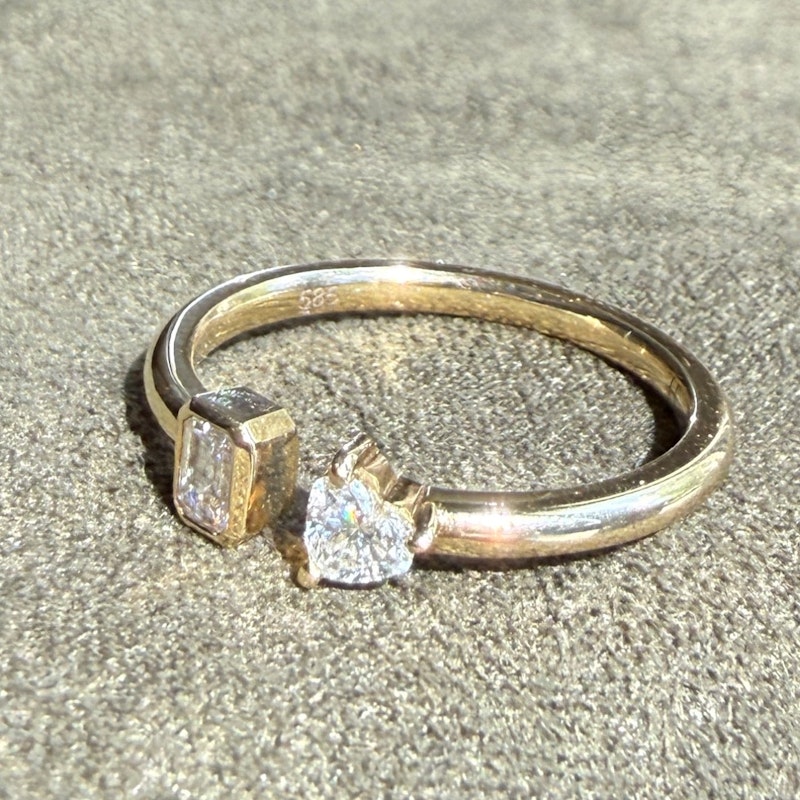 14k Yellow Gold Emerald-Cut & Heart Diamond Toi et Moi Ring