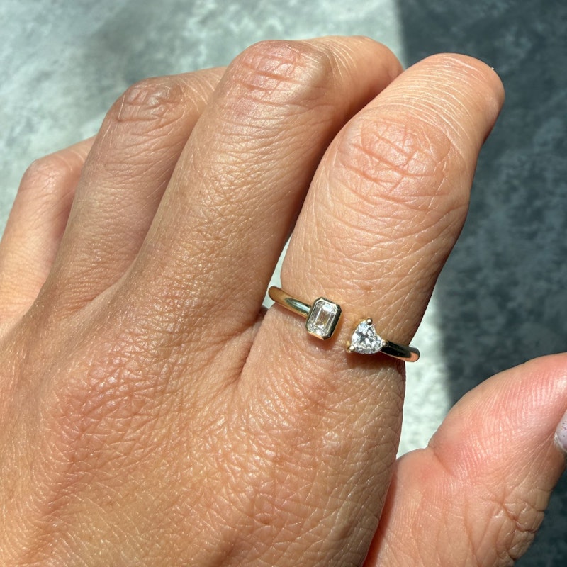 14k Yellow Gold Emerald-Cut & Heart Diamond Toi et Moi Ring