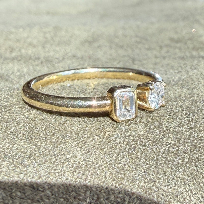 14k Yellow Gold Emerald-Cut & Round Diamond Toi et Moi Ring