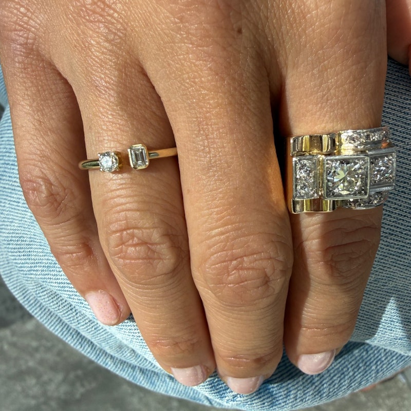 14k Yellow Gold Emerald-Cut & Round Diamond Toi et Moi Ring