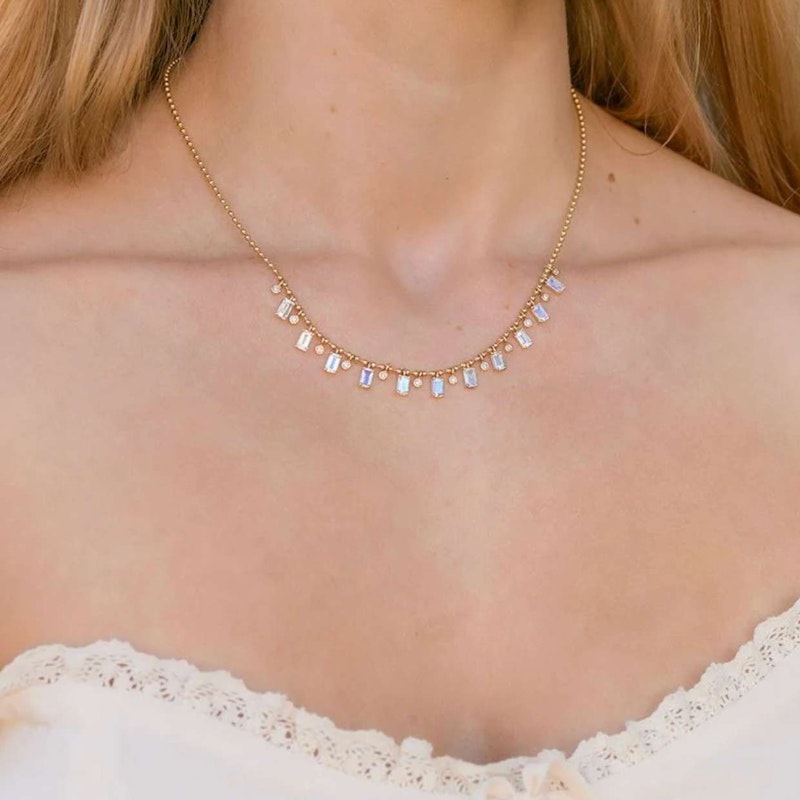14K Yellow Gold Moonstone & Diamond Ball Chain Shaker Necklace