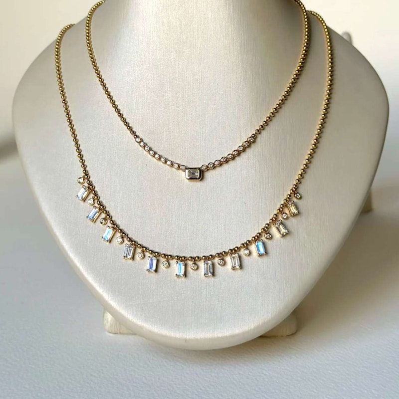 14K Yellow Gold Moonstone & Diamond Ball Chain Shaker Necklace