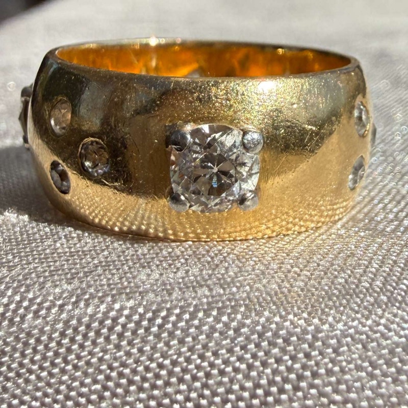 Victorian 18k Yellow Gold Old Mine Cut Diamond Gypsy Cigar Band Ring