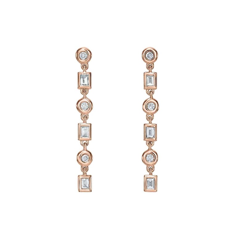 14k Rose Gold Baguette & Round Diamond Bezel-Set Linear Drop Earrings