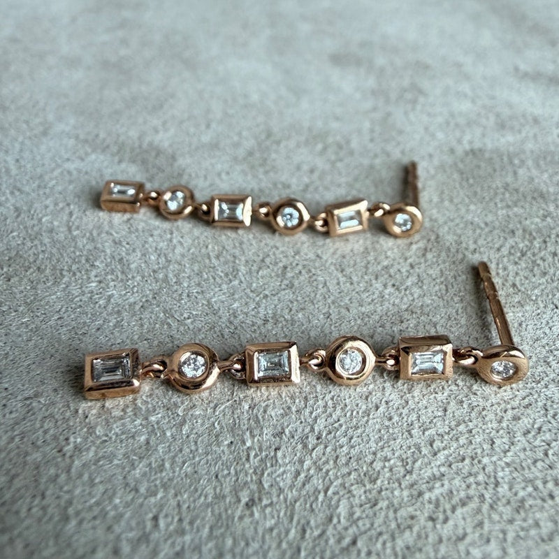 14k Rose Gold Baguette & Round Diamond Bezel-Set Linear Drop Earrings