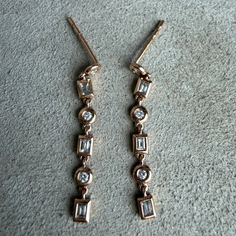 14k Rose Gold Baguette & Round Diamond Bezel-Set Linear Drop Earrings