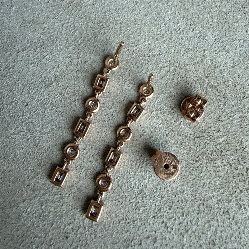 14k Rose Gold Baguette & Round Diamond Bezel-Set Linear Drop Earrings