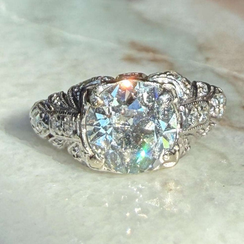 Antique Old Mine Cut Diamond Ring ~1.25–1.40ct 14k White Gold with Old-Cut Diamond Shoulders