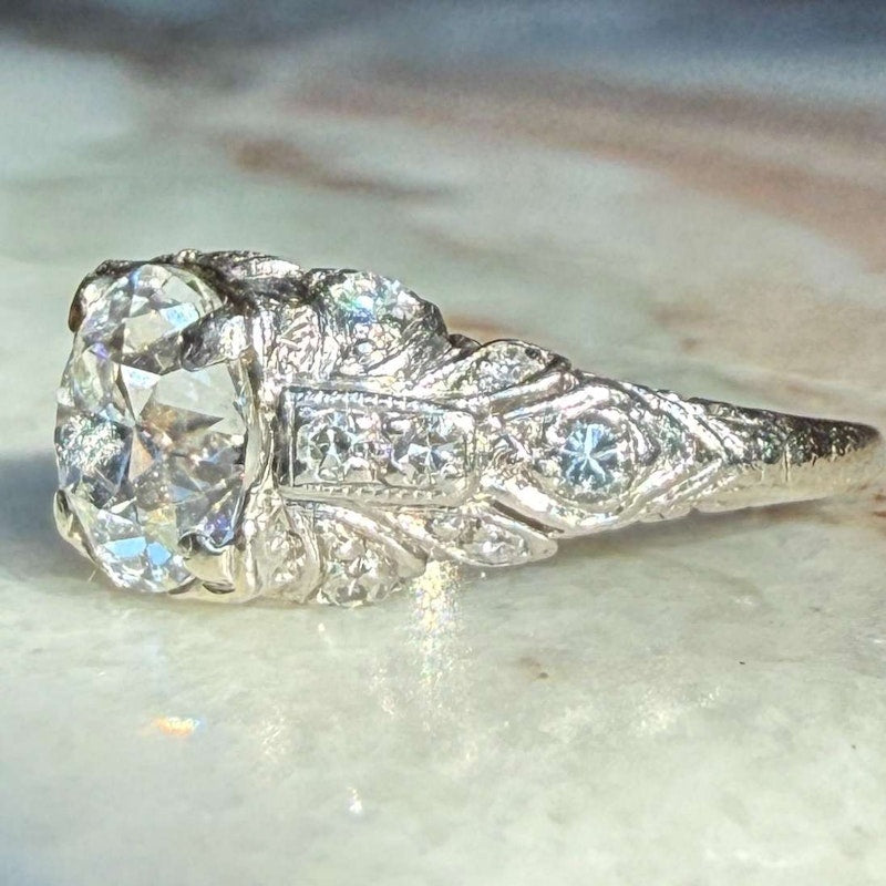 Antique Old Mine Cut Diamond Ring ~1.25–1.40ct 14k White Gold with Old-Cut Diamond Shoulders
