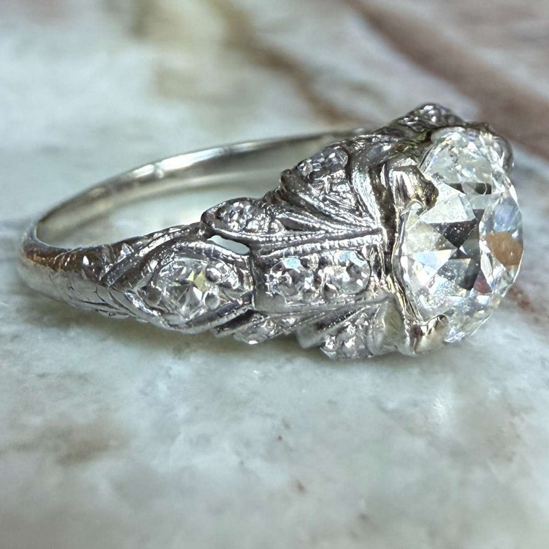 Antique Old Mine Cut Diamond Ring ~1.25–1.40ct 14k White Gold with Old-Cut Diamond Shoulders
