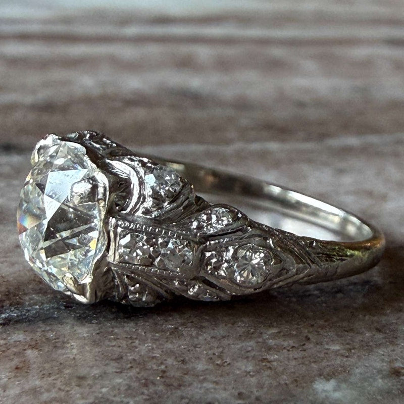 Antique Old Mine Cut Diamond Ring ~1.25–1.40ct 14k White Gold with Old-Cut Diamond Shoulders