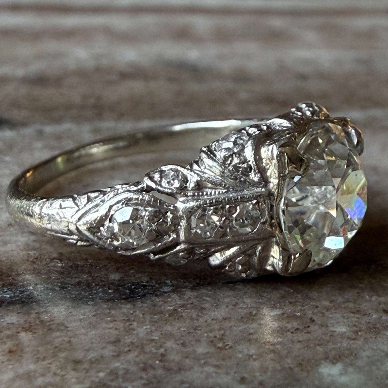 Antique Old Mine Cut Diamond Ring ~1.25–1.40ct 14k White Gold with Old-Cut Diamond Shoulders