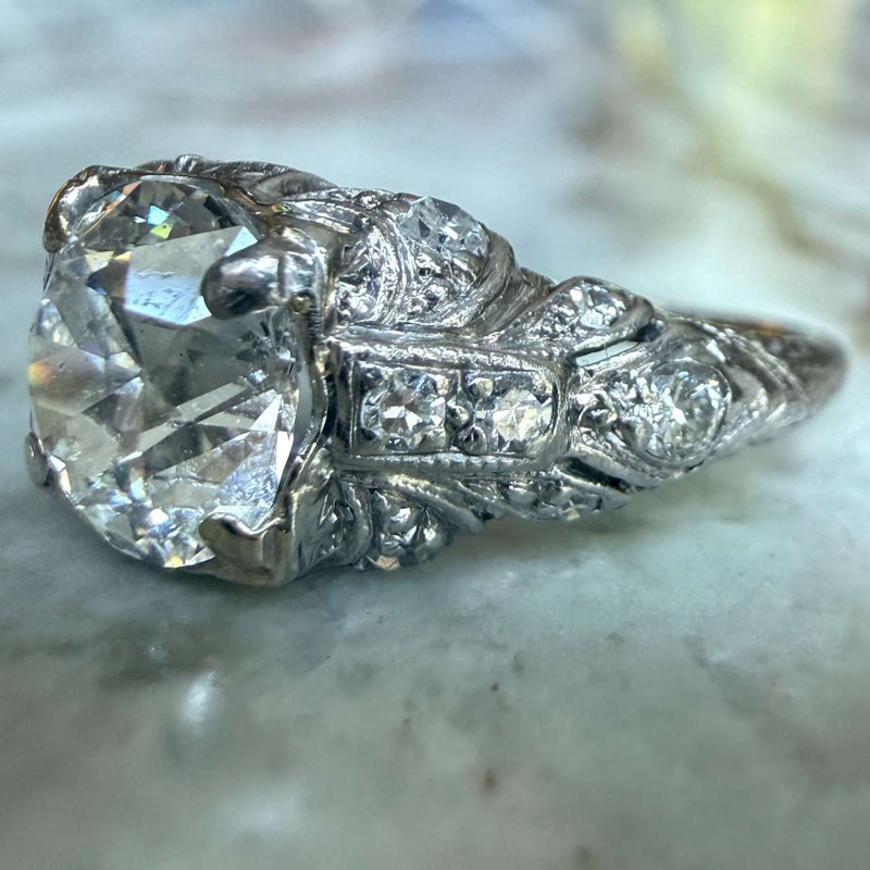Antique Old Mine Cut Diamond Ring ~1.25–1.40ct 14k White Gold with Old-Cut Diamond Shoulders