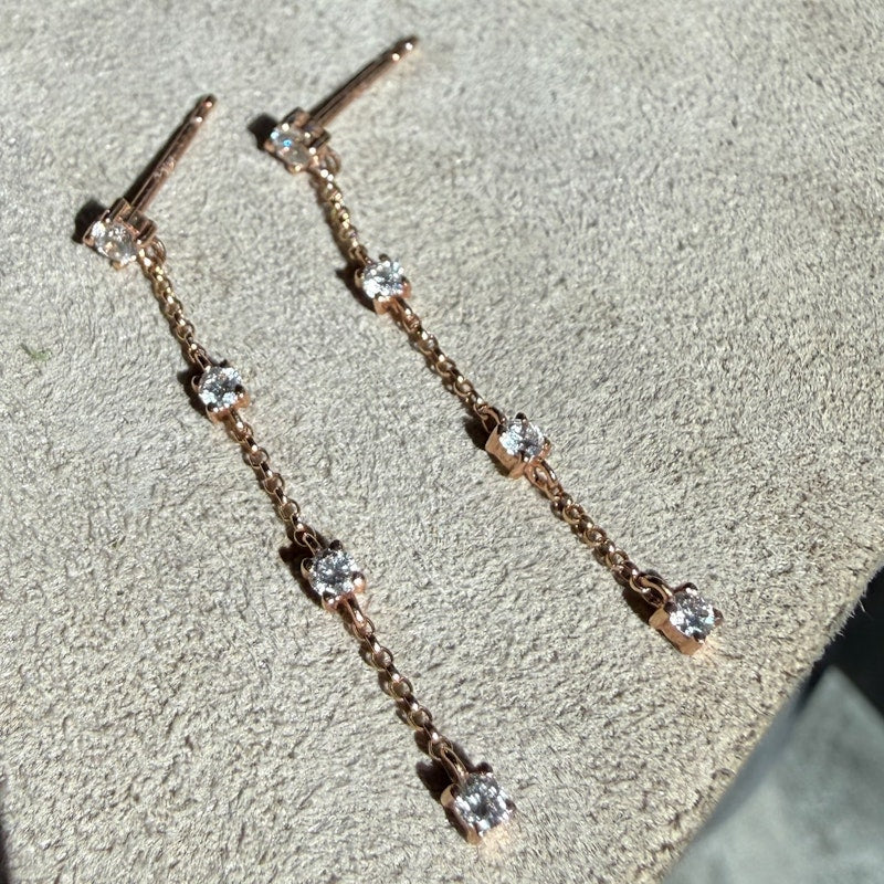 14k Rose Gold Four Diamond Drop Chain Earrings