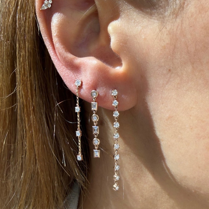 14k Rose Gold Baguette & Round Diamond Bezel-Set Linear Drop Earrings