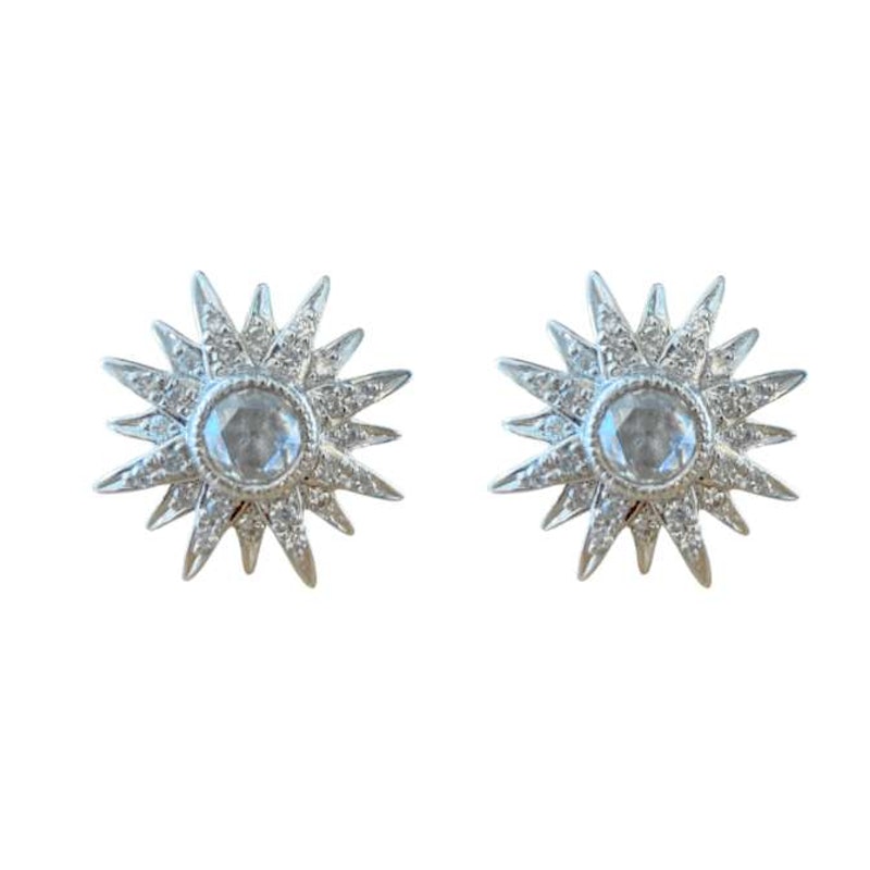 14k White Gold Diamond Starburst Stud Earrings