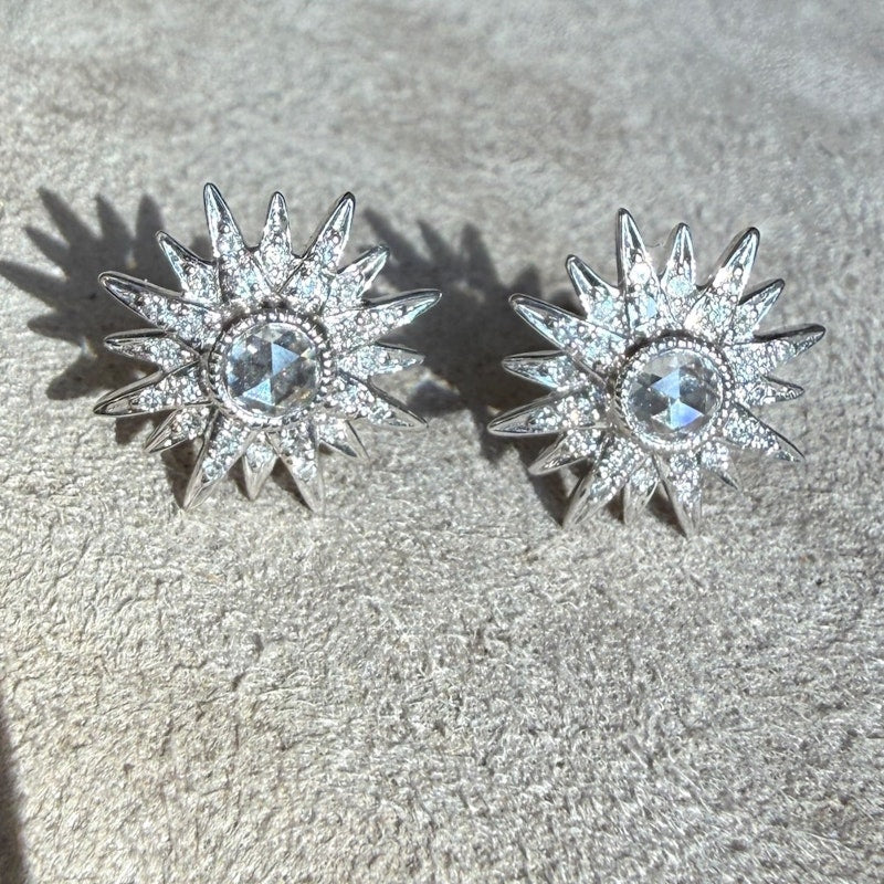 14k White Gold Diamond Starburst Stud Earrings