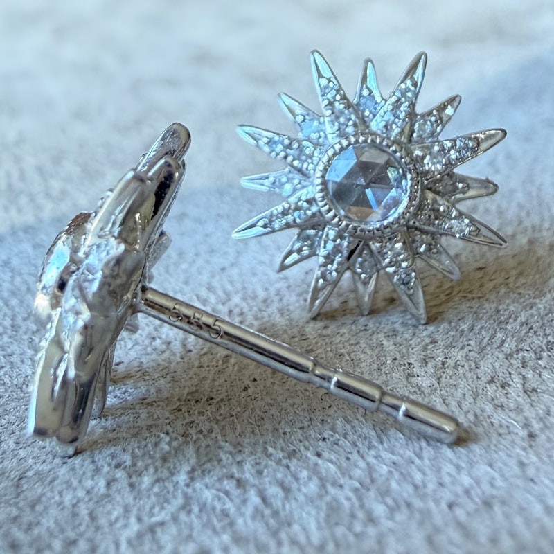 14k White Gold Diamond Starburst Stud Earrings