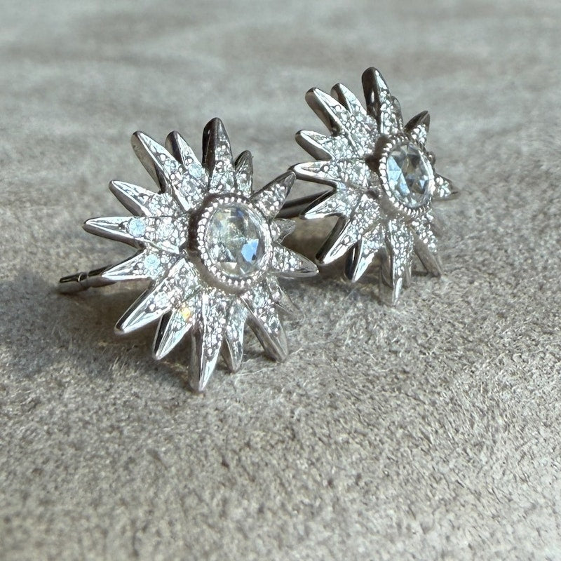 14k White Gold Diamond Starburst Stud Earrings