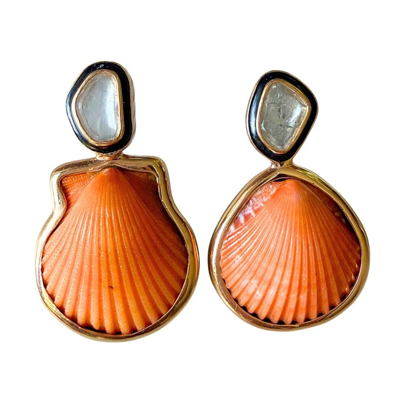 Dezso Natural Orange Clam Shell Polki Diamond & Black Enamel Earrings
