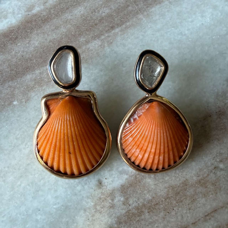 Dezso Natural Orange Clam Shell Polki Diamond & Black Enamel Earrings