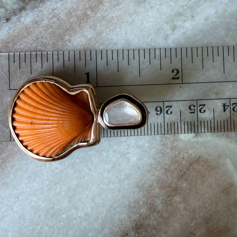 Dezso Natural Orange Clam Shell Polki Diamond & Black Enamel Earrings