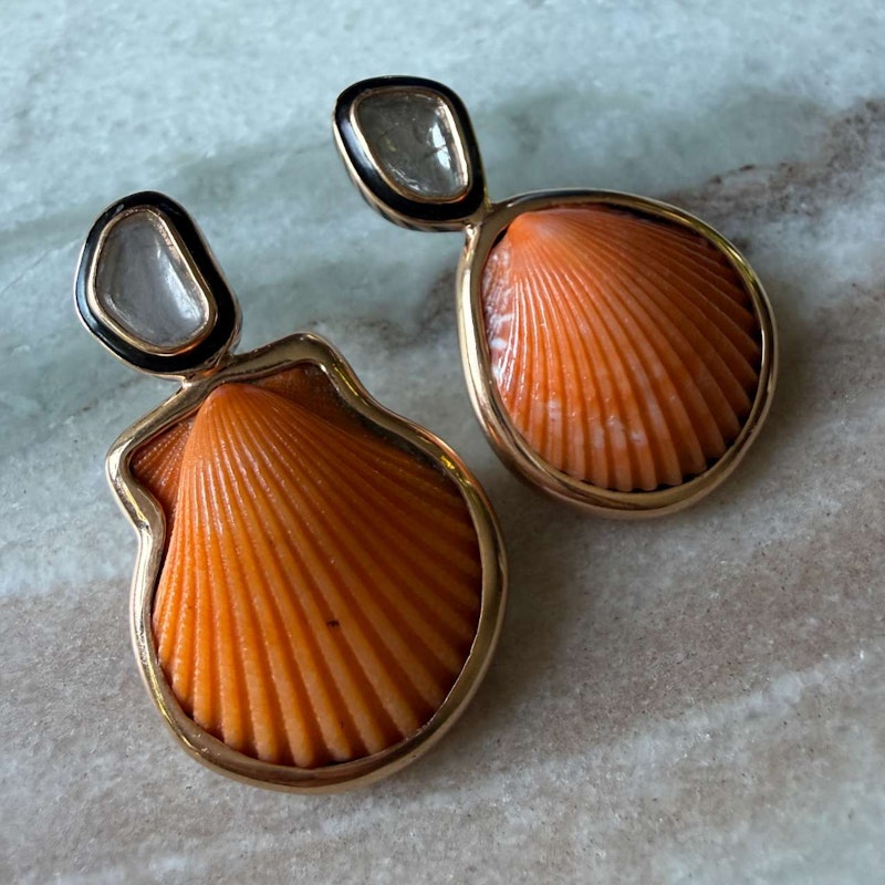 Dezso Natural Orange Clam Shell Polki Diamond & Black Enamel Earrings