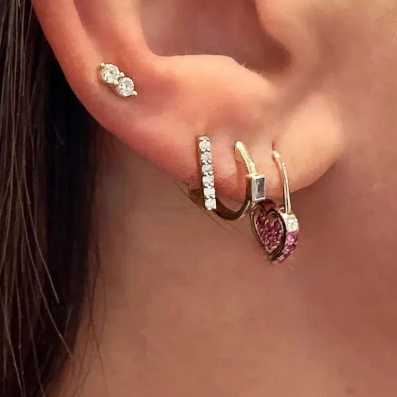 Three Stories Diamond & Pink Sapphire Unlock Love Heart Hoop Earring