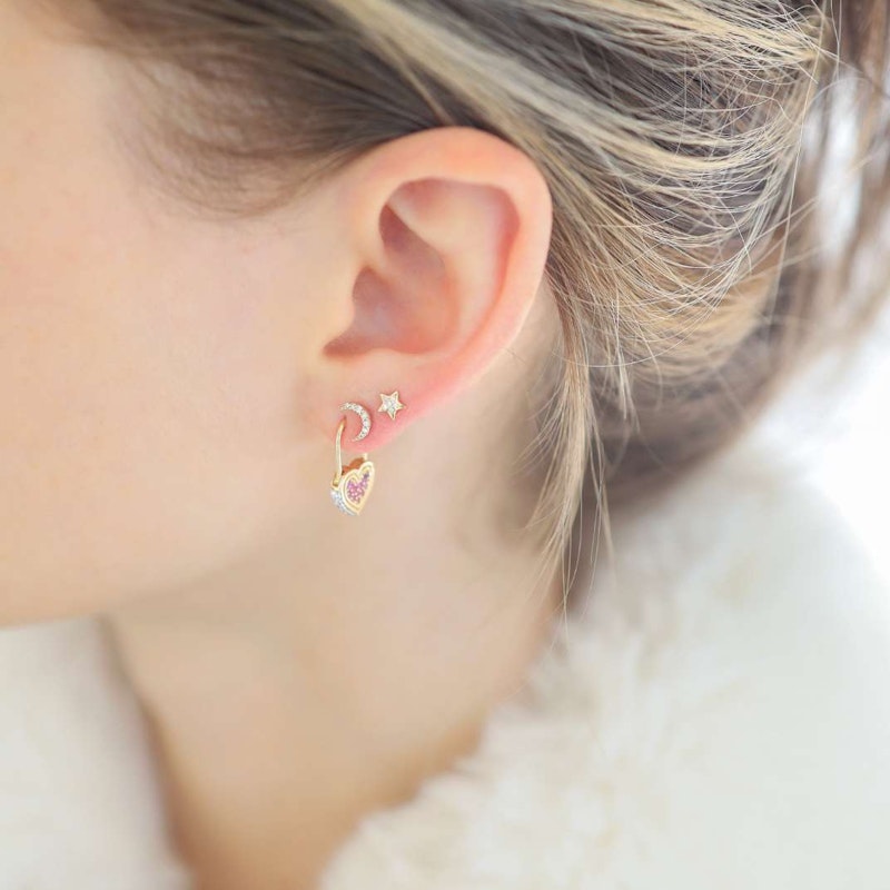 Three Stories Diamond & Pink Sapphire Unlock Love Heart Hoop Earring