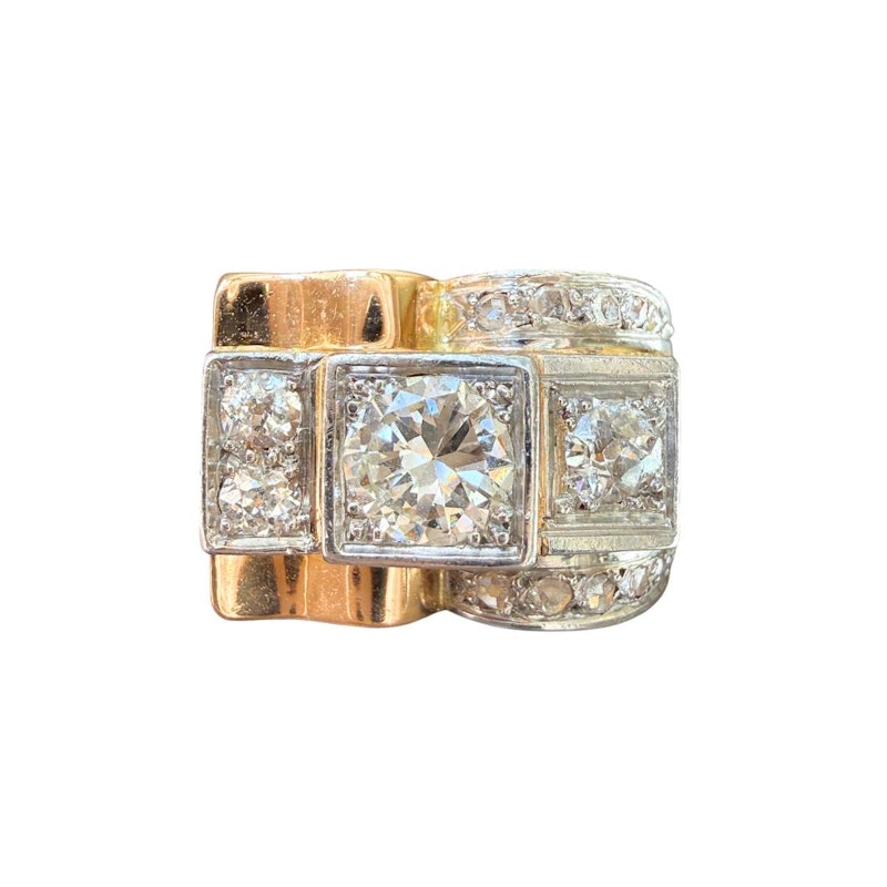 French 1940s Art Deco Diamond Tank Ring Platinum & 18k Gold