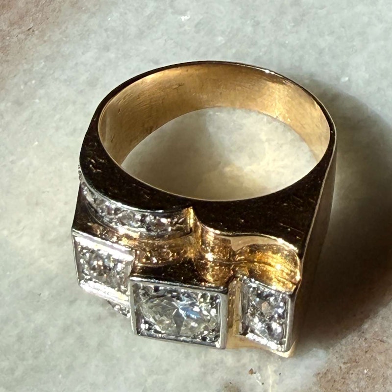 French 1940s Art Deco Diamond Tank Ring Platinum & 18k Gold