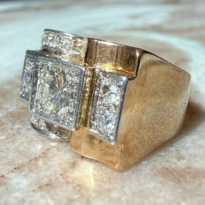 French 1940s Art Deco Diamond Tank Ring Platinum & 18k Gold