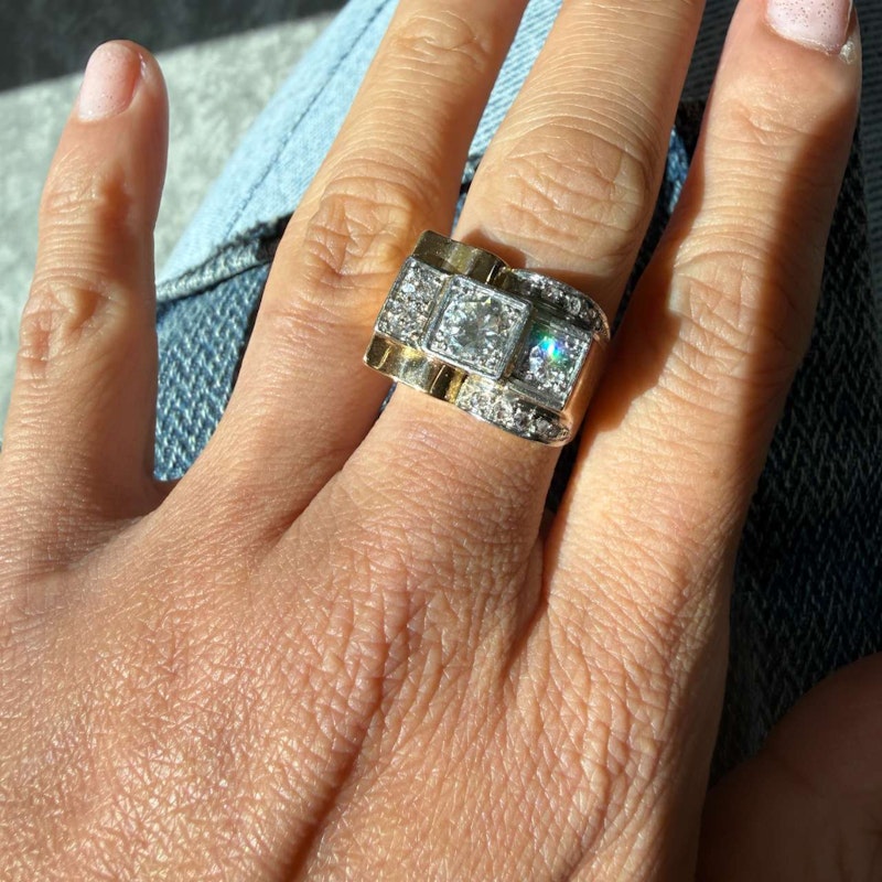 French 1940s Art Deco Diamond Tank Ring Platinum & 18k Gold