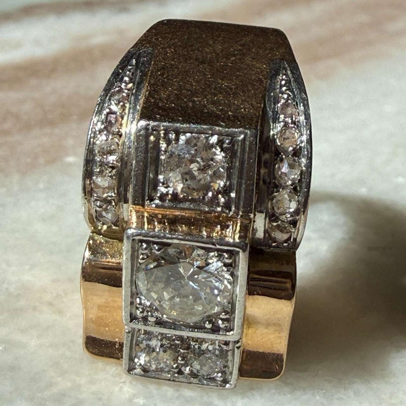 French 1940s Art Deco Diamond Tank Ring Platinum & 18k Gold