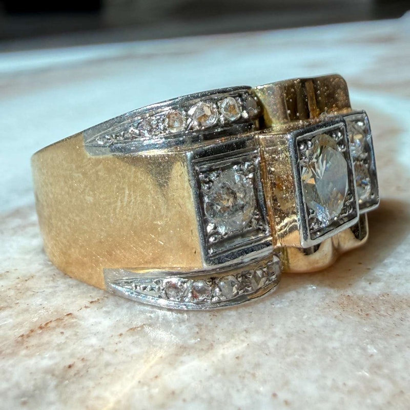 French 1940s Art Deco Diamond Tank Ring Platinum & 18k Gold