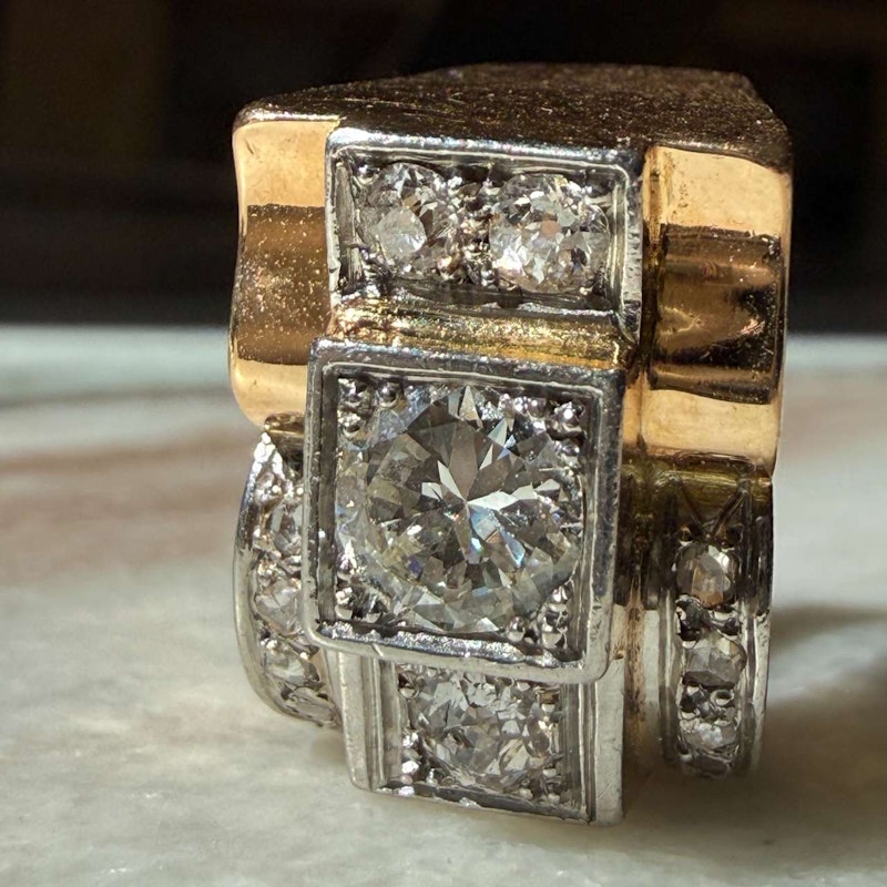 French 1940s Art Deco Diamond Tank Ring Platinum & 18k Gold