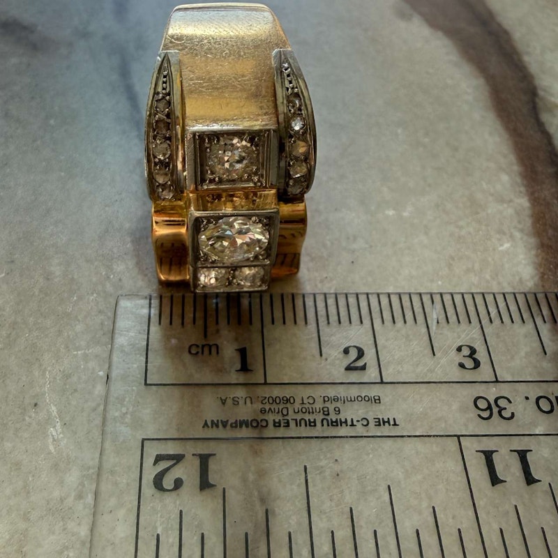 French 1940s Art Deco Diamond Tank Ring Platinum & 18k Gold